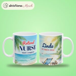 Retired Nurse Mug Personalized with Name, Watercolor Beach, photo 2 of 5