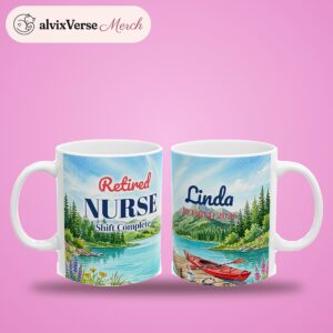 Retired Nurse Mug Personalized with Name, Watercolor Mountain Lake, photo 2 of 5