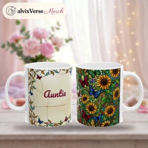 Auntie Mug Personalized Name, Stained Glass Butterflies and Sunflowers Coffee Cup, photo 2 of 5
