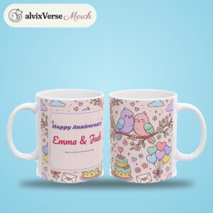 Anniversary Mug with Couple Names, Cute Pastel Lovebirds Personalized Coffee Cup, photo 2 of 5