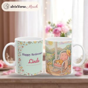 Retirement Coffee Mug Personalized with Name, Pastel Porch Rocking Chair, photo 2 of 5