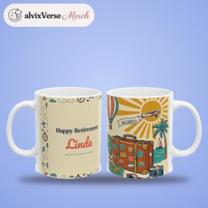 Retirement Coffee Mug Personalized with Name, Vintage Retro Travel Adventure Cup, photo 2 of 5