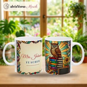 Teacher Mug Personalized with Name, Stained Glass Owl and Books Coffee Cup, photo 2 of 5