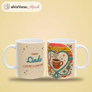 Nurse Mug Personalized Name, Vintage Retro 70s Stethoscope Heart Caffeine and Compassion Coffee Cup, photo 2 of 5