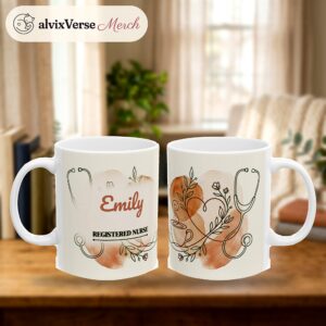 Nurse Mug Personalized Name, Minimal Line Art Stethoscope Heart Registered Nurse Coffee Cup, photo 2 of 5