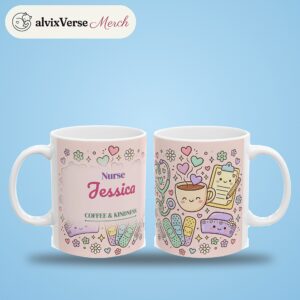 Nurse Mug Personalized Name, Cute Pastel Kawaii Stethoscope Heart Coffee and Kindness Cup, photo 2 of 5