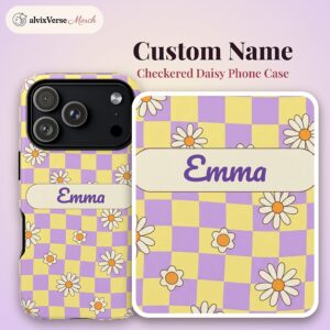 Custom Name Checkered Daisy Phone Case, Retro, photo 2 of 5