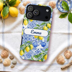 Custom Name Coastal Lemon Phone Case, Blue Tile Watercolor, photo 2 of 5