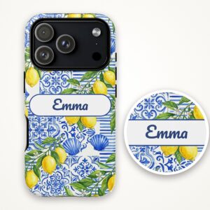 Custom Name Coastal Lemon Phone Case, Blue Tile Watercolor, photo 3 of 5