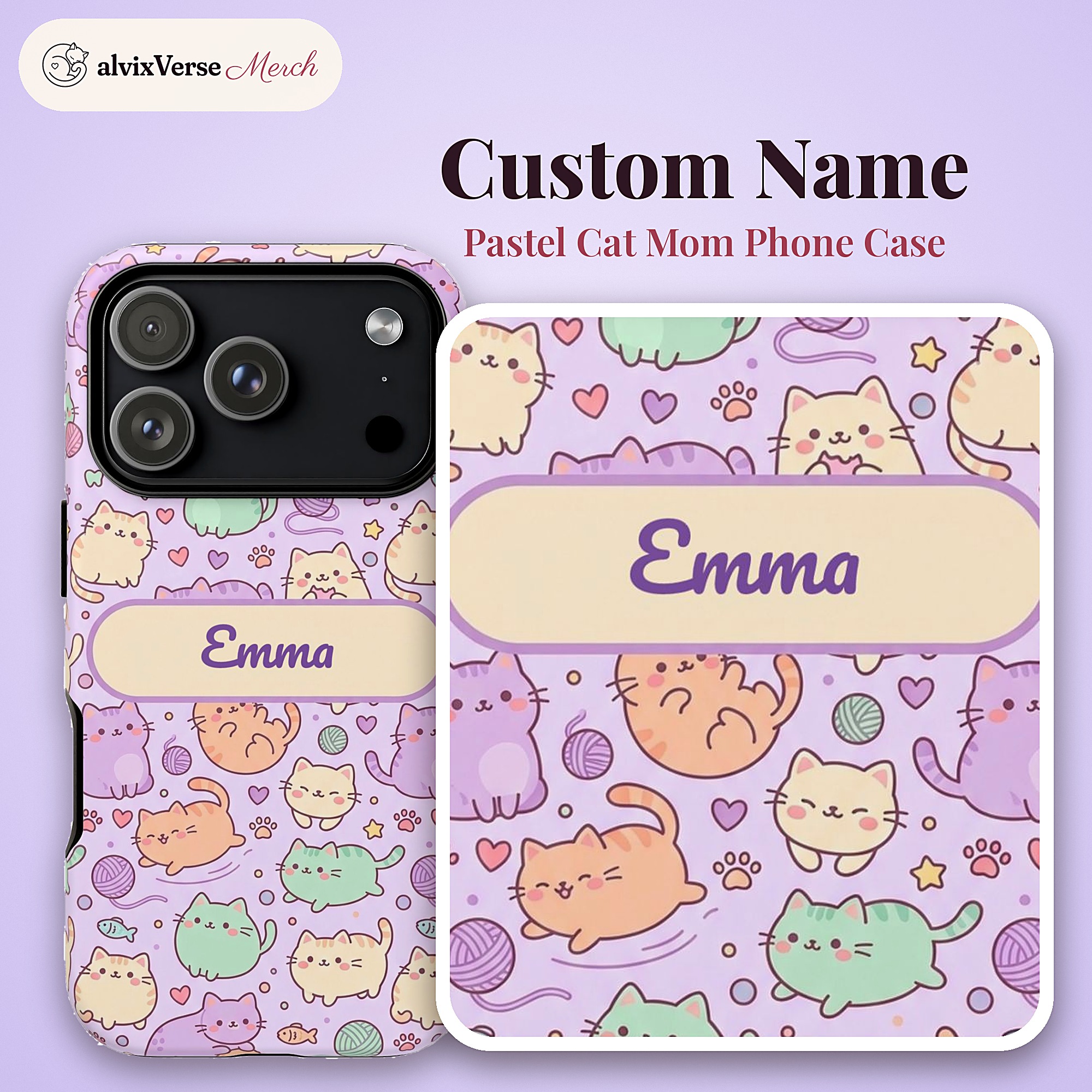 Custom Name Pastel Cat Mom Phone Case, Kawaii Kitty, photo 2 of 5