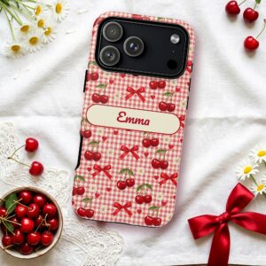 Custom Name Phone Case for iPhone 18 Pro Max, Red Gingham Cherry Bow Coquette Tough Case, photo 2 of 5