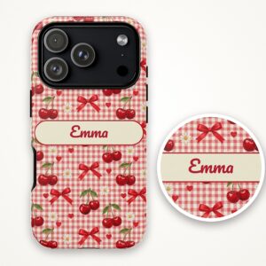 Custom Name Phone Case for iPhone 18 Pro Max, Red Gingham Cherry Bow Coquette Tough Case, photo 3 of 5