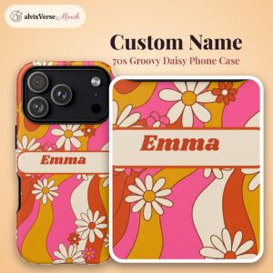 Custom Name 70s Groovy Daisy Phone Case, Wavy Retro, photo 2 of 5