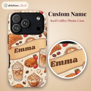 Custom Name Iced Coffee Phone Case, Croissant Latte Cafe, photo 2 of 5