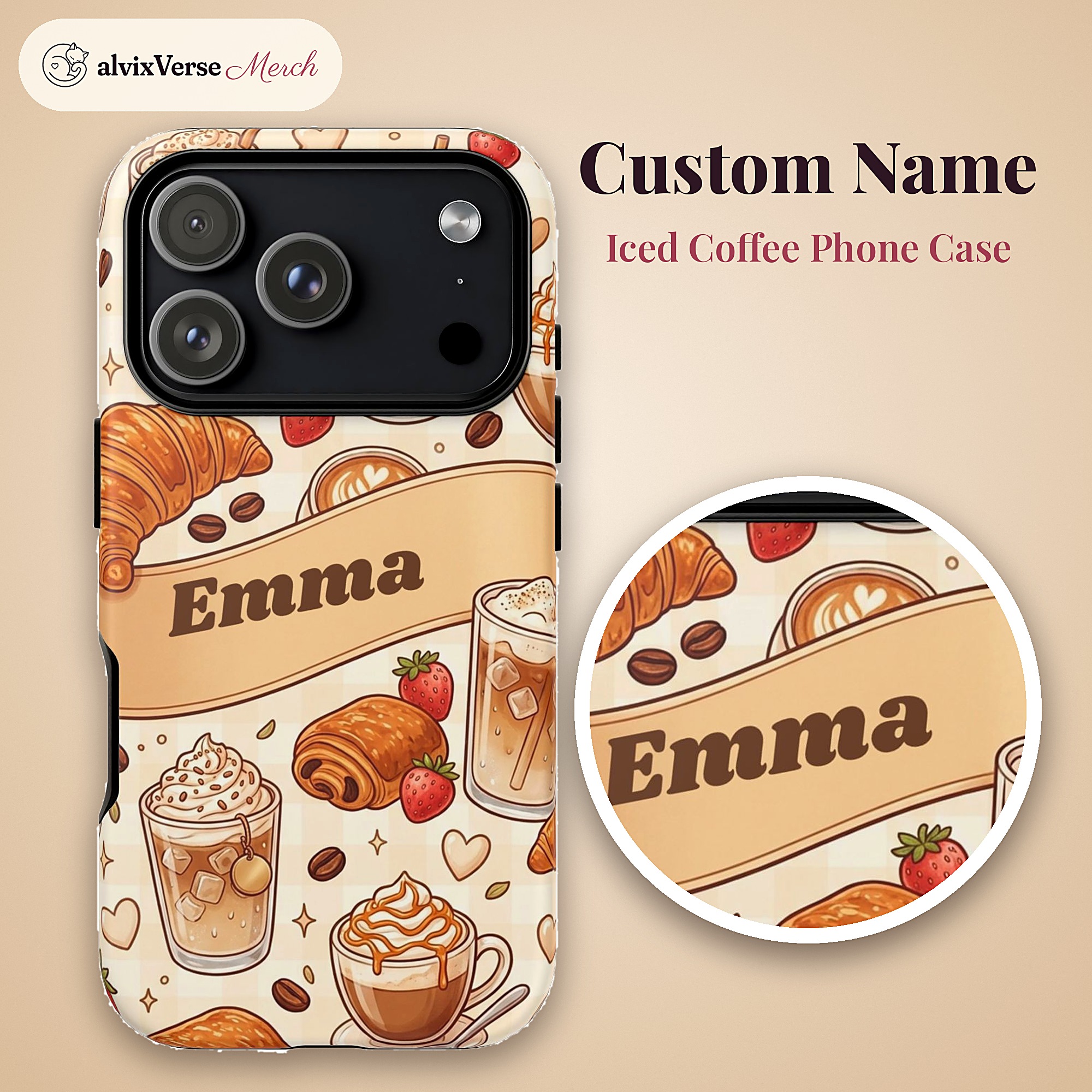 Custom Name Iced Coffee Phone Case, Croissant Latte Cafe, photo 2 of 5