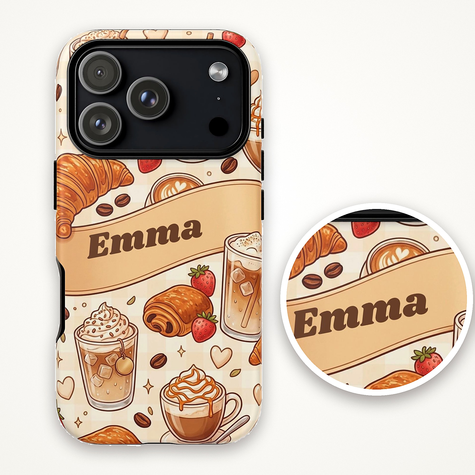 Custom Name Iced Coffee Phone Case, Croissant Latte Cafe, photo 4 of 5
