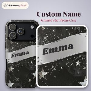 Custom Name Grunge Star Phone Case, Black and Silver, photo 2 of 5