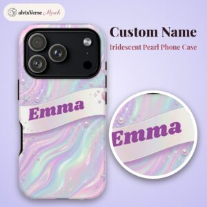 Custom Name Iridescent Pearl Phone Case, Holographic Ribbon, photo 2 of 5