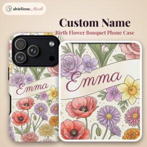 Custom Name Phone Case for iPhone 18 Pro Max, Birth Flower Watercolor Floral Tough Case, photo 2 of 5