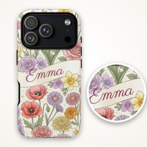 Custom Name Phone Case for iPhone 18 Pro Max, Birth Flower Watercolor Floral Tough Case, photo 4 of 5