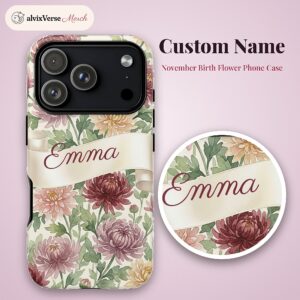 Custom Name November Birth Flower Phone Case, Chrysanthemum, photo 2 of 5