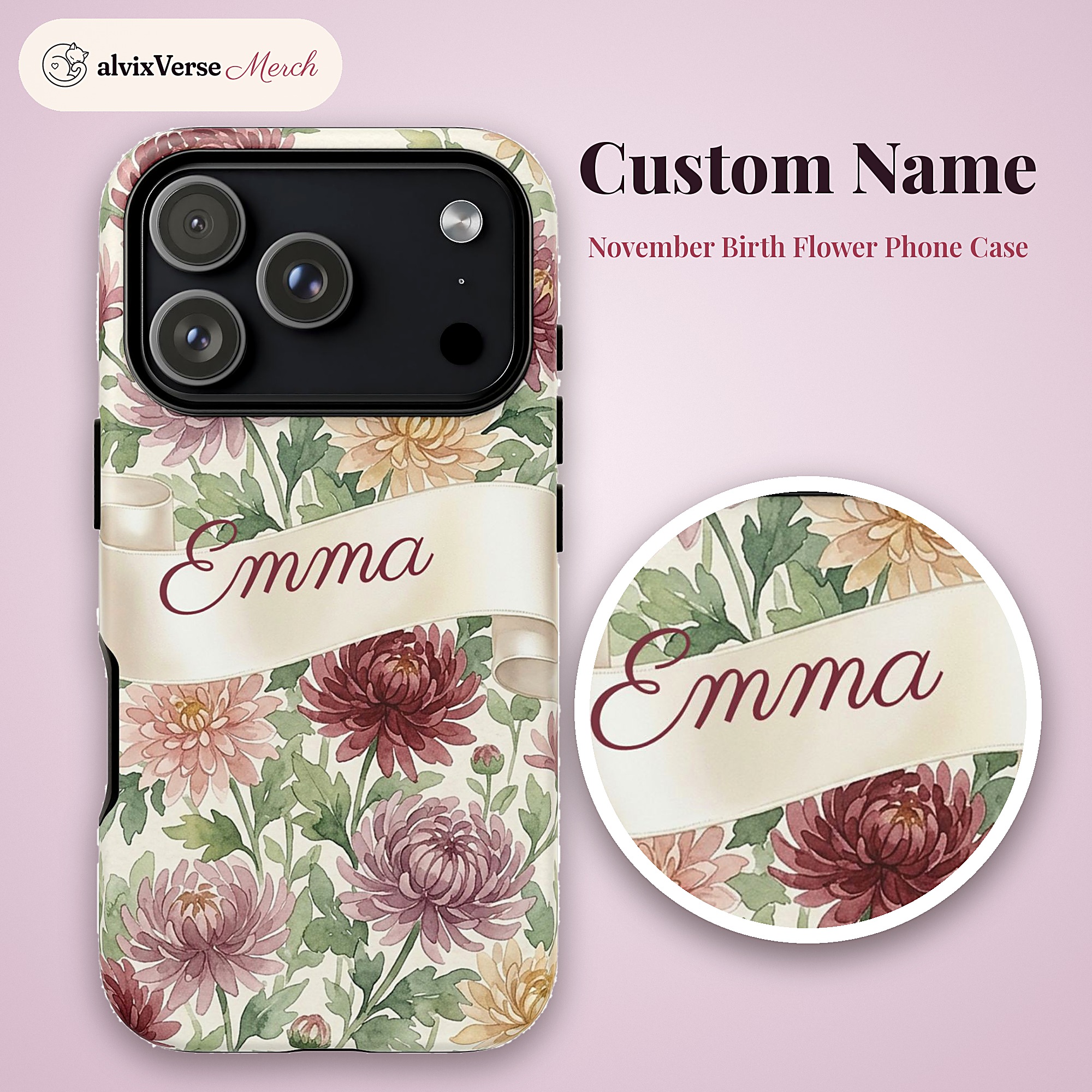 Custom Name November Birth Flower Phone Case, Chrysanthemum, photo 2 of 5