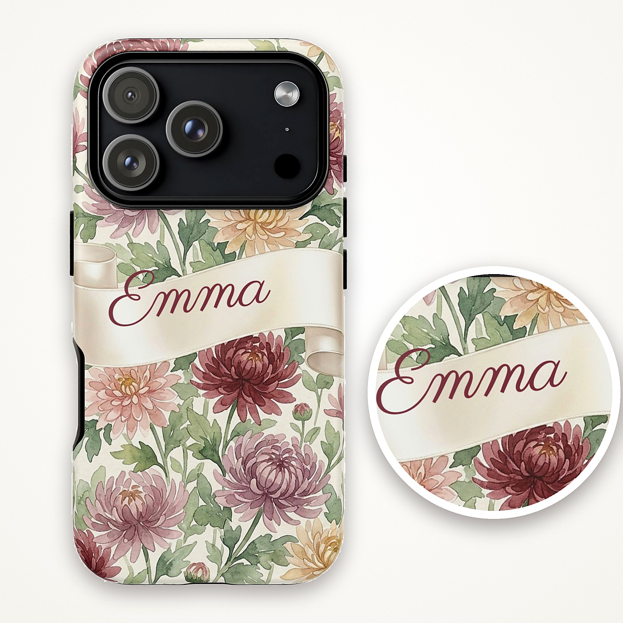 Custom Name November Birth Flower Phone Case, Chrysanthemum, photo 4 of 5
