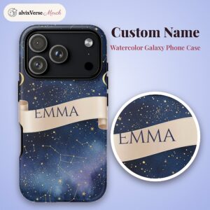 Custom Name Watercolor Galaxy Phone Case, Moon Phase Ribbon, photo 2 of 5