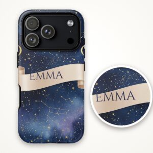 Custom Name Watercolor Galaxy Phone Case, Moon Phase Ribbon, photo 4 of 5