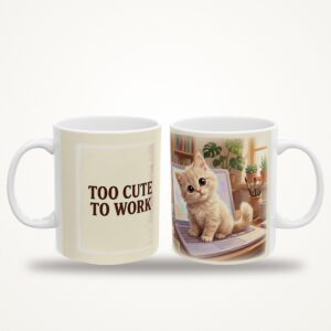 Funny Cat Mug, Too Cute to Work Coffee Cup, Office Humor Cat Lover Mug