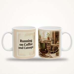 Funny Cat Mug, Running on Coffee and Catnaps Coffee Cup, Office Humor Cat Lover Mug