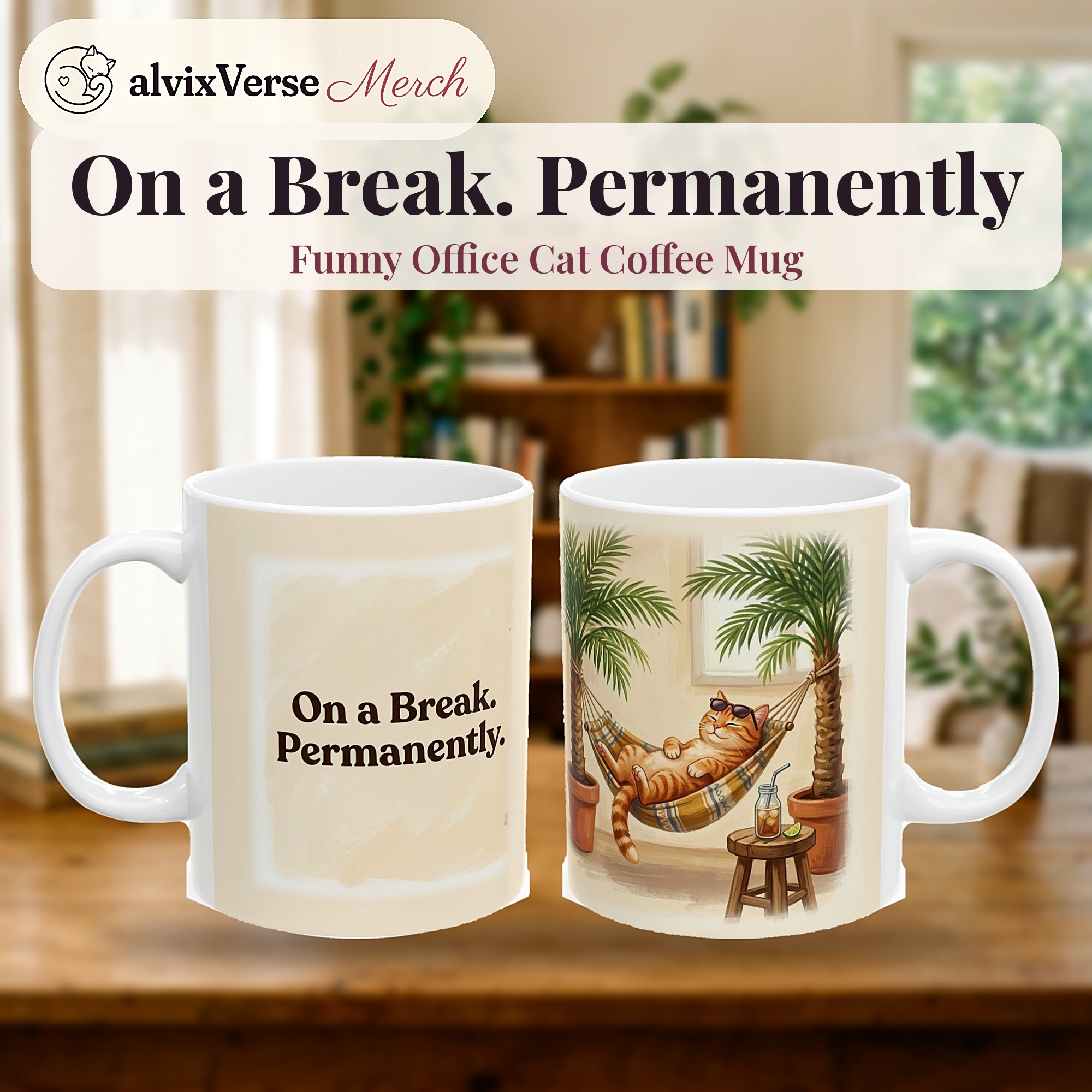 Funny Cat Mug, On a Break. Permanently Coffee Cup, Office Humor Cat Lover Mug - Image 2