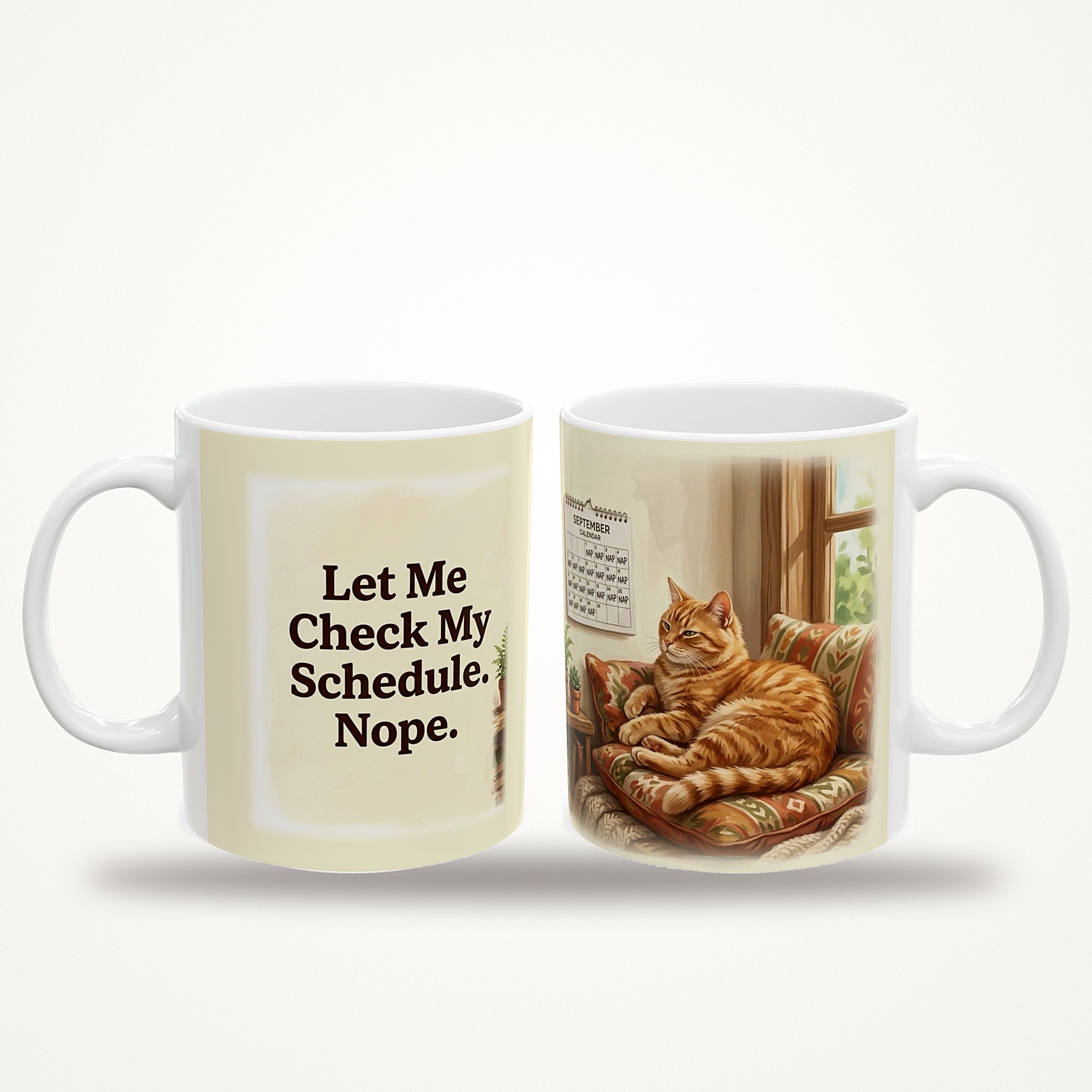 Funny Cat Mug, Let Me Check My Schedule. Nope Coffee Cup, Office Humor Cat Lover Mug