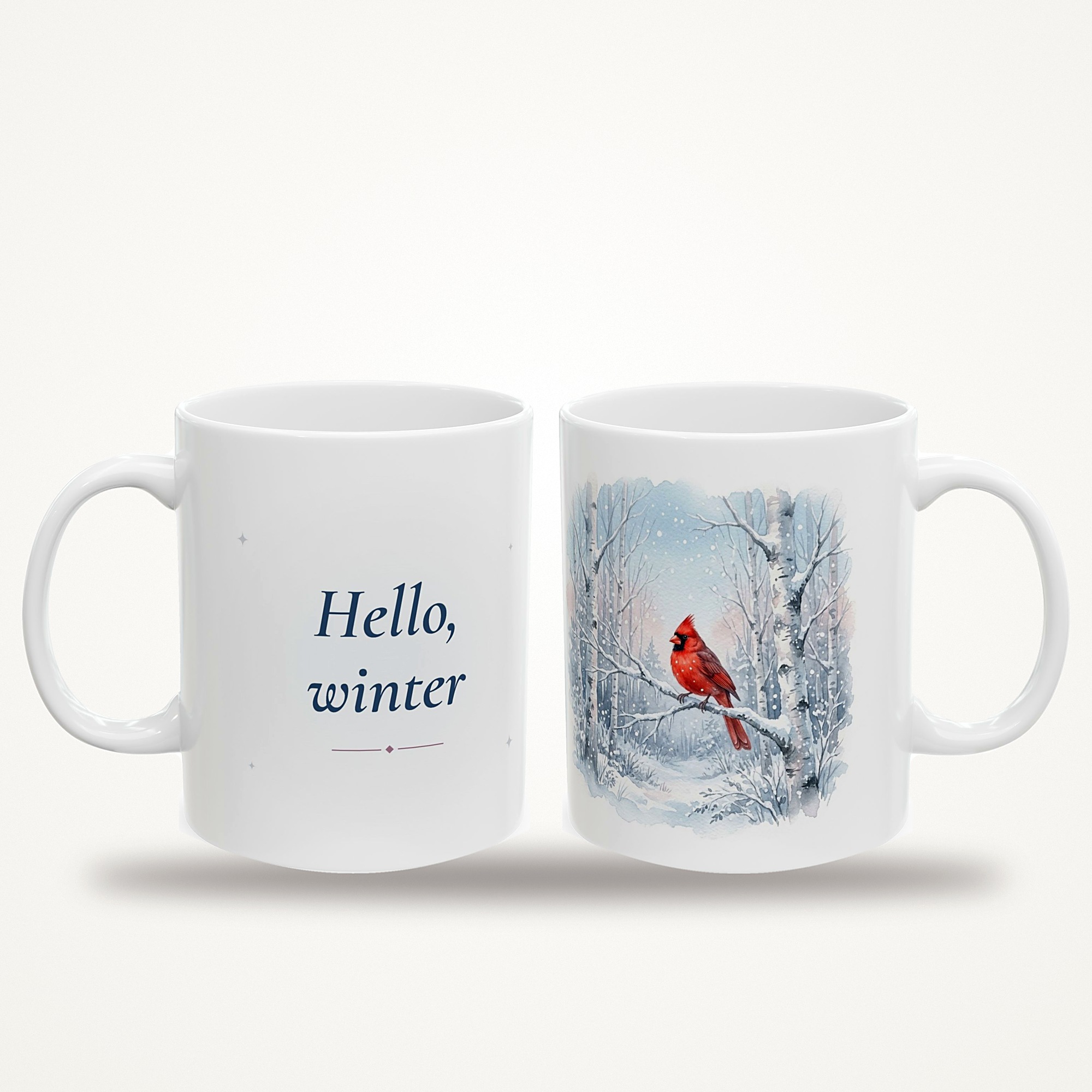 Winter Mug, Hello Winter, Cardinal Snowy Birch Forest Watercolor Coffee Mug