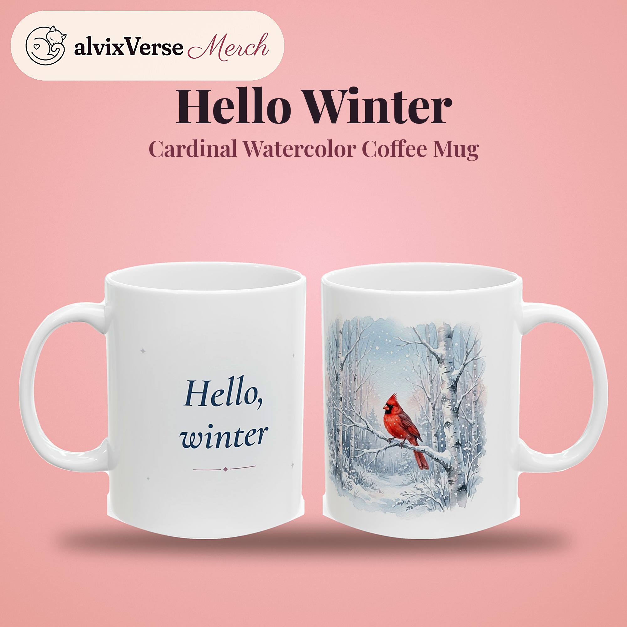 Winter Mug, Hello Winter, Cardinal Snowy Birch Forest Watercolor Coffee Mug - Image 2