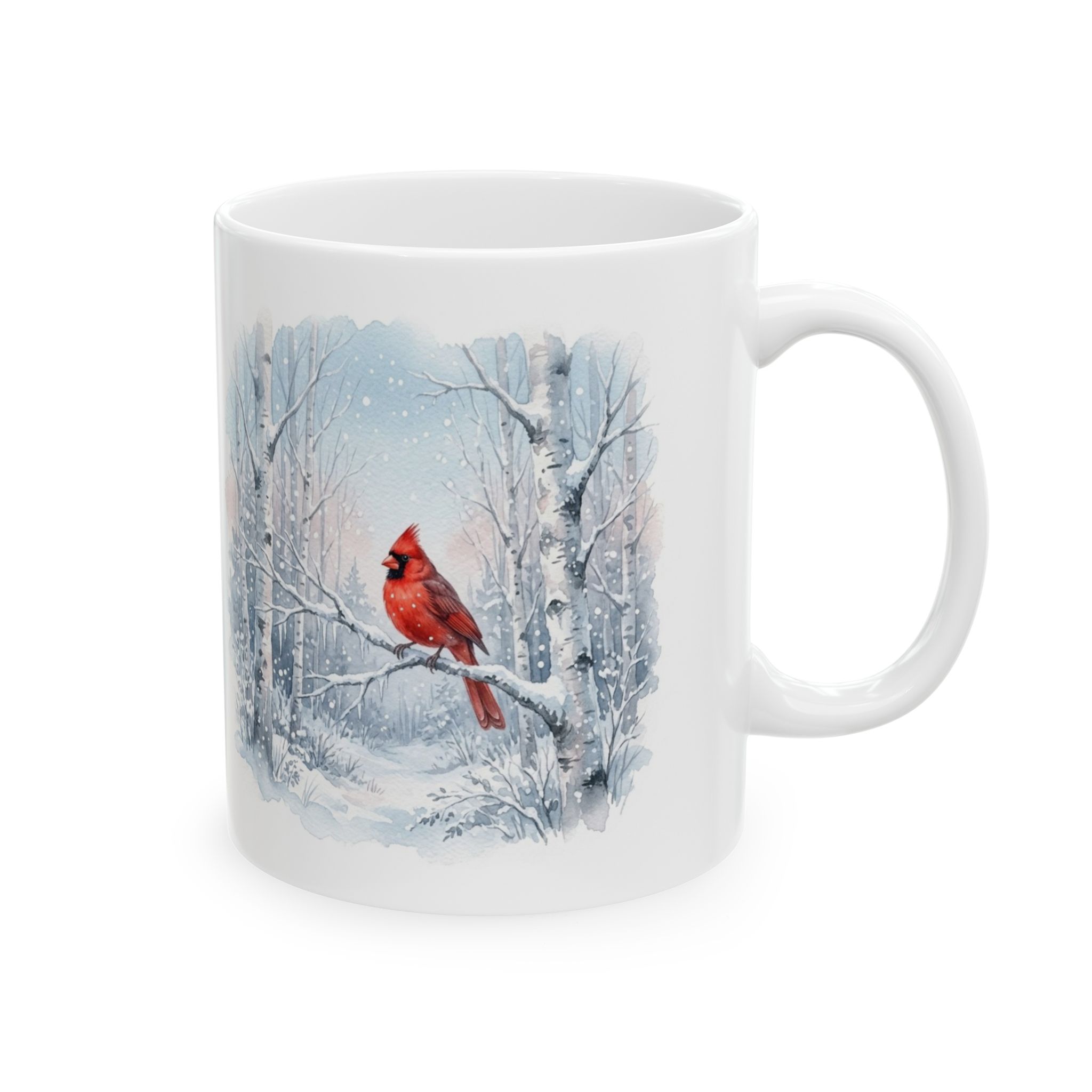 Winter Mug, Hello Winter, Cardinal Snowy Birch Forest Watercolor Coffee Mug - Image 4