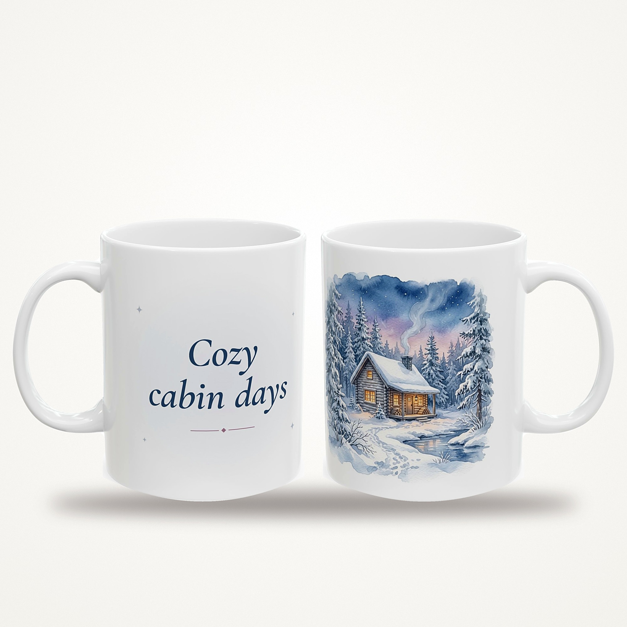 Winter Cabin Mug, Cozy Cabin Days, Snowy Pine Forest Watercolor Coffee Mug