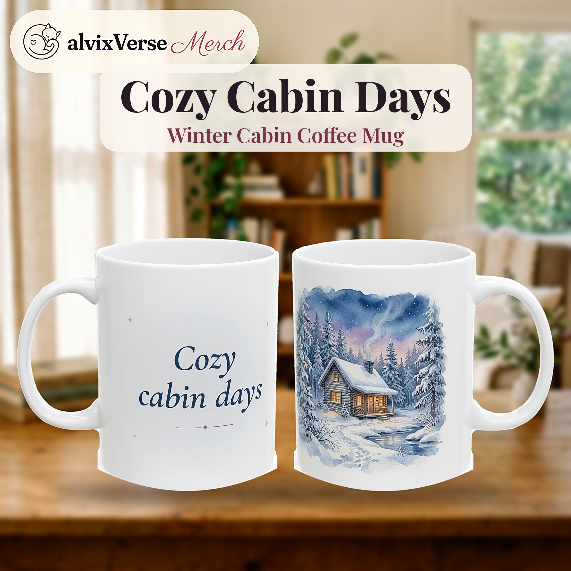 Winter Cabin Mug, Cozy Cabin Days, Snowy Pine Forest Watercolor Coffee Mug - Image 2