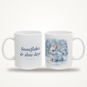 Winter Bunny Mug, Snowflakes and Slow Days, Cute Snow Bunny Watercolor Coffee Mug