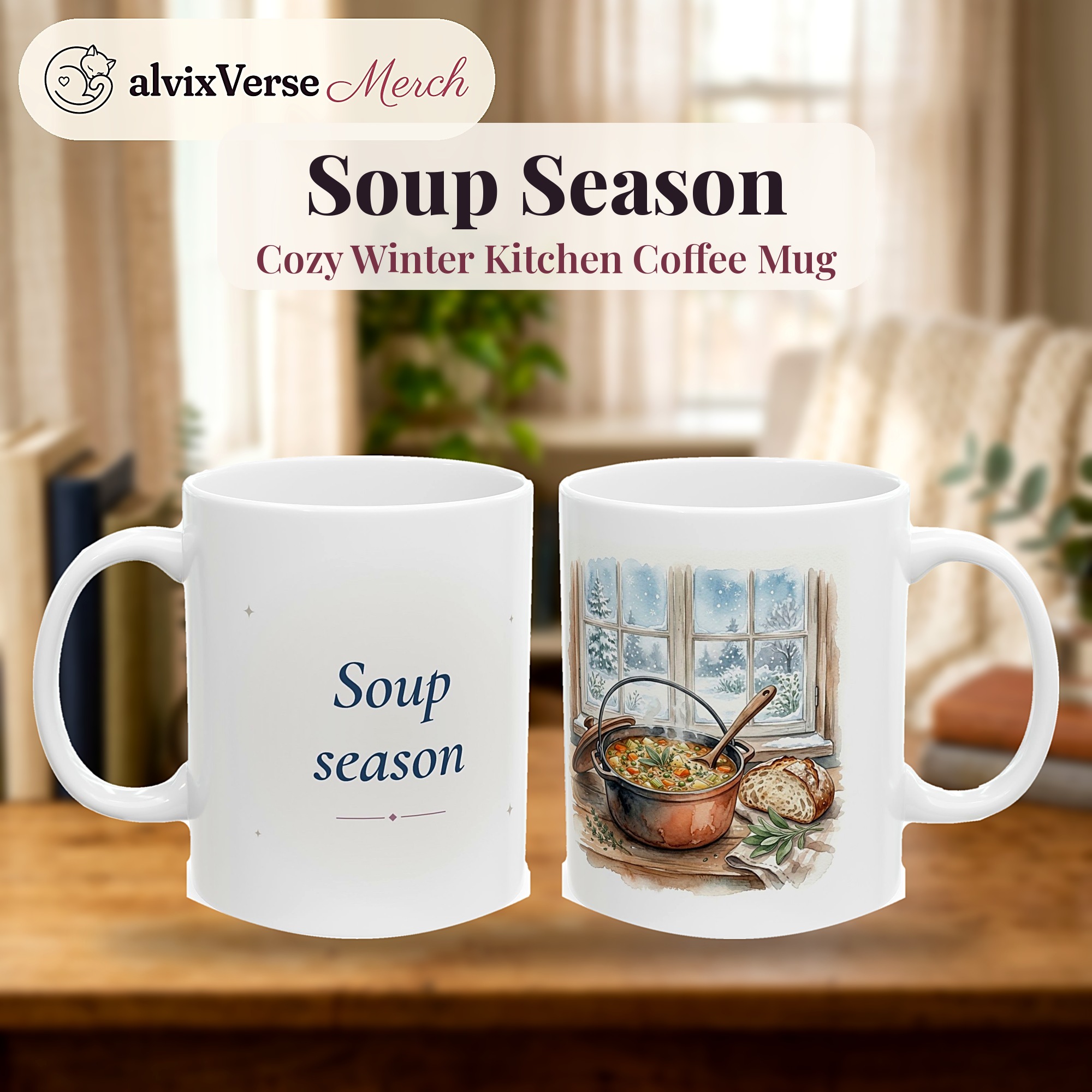 Soup Season Mug, Cozy Winter Kitchen Watercolor Coffee Mug, Soup Lover Cup - Image 2