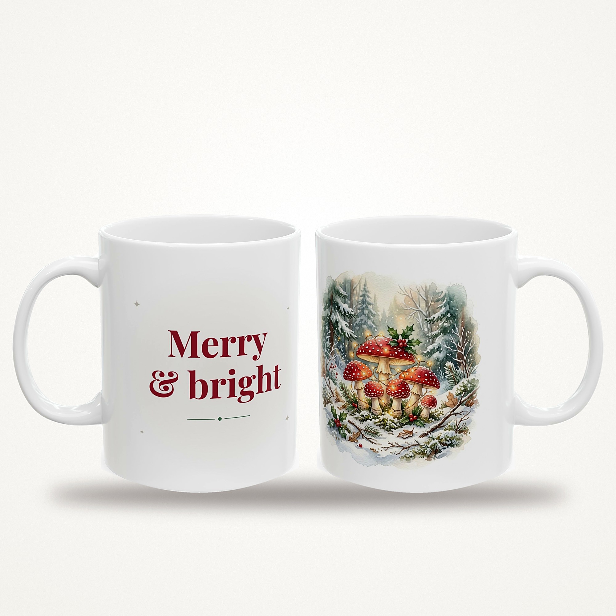 Merry and Bright Mug, Christmas Mushroom Cottagecore Coffee Mug, Festive Holiday Cup