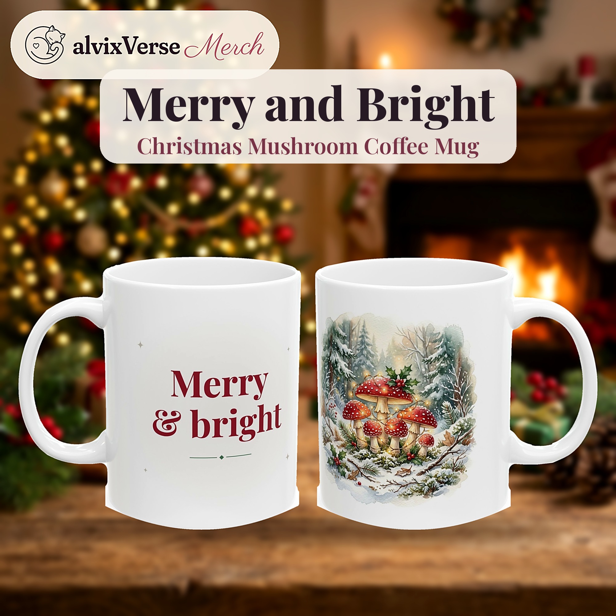 Merry and Bright Mug, Christmas Mushroom Cottagecore Coffee Mug, Festive Holiday Cup - Image 2