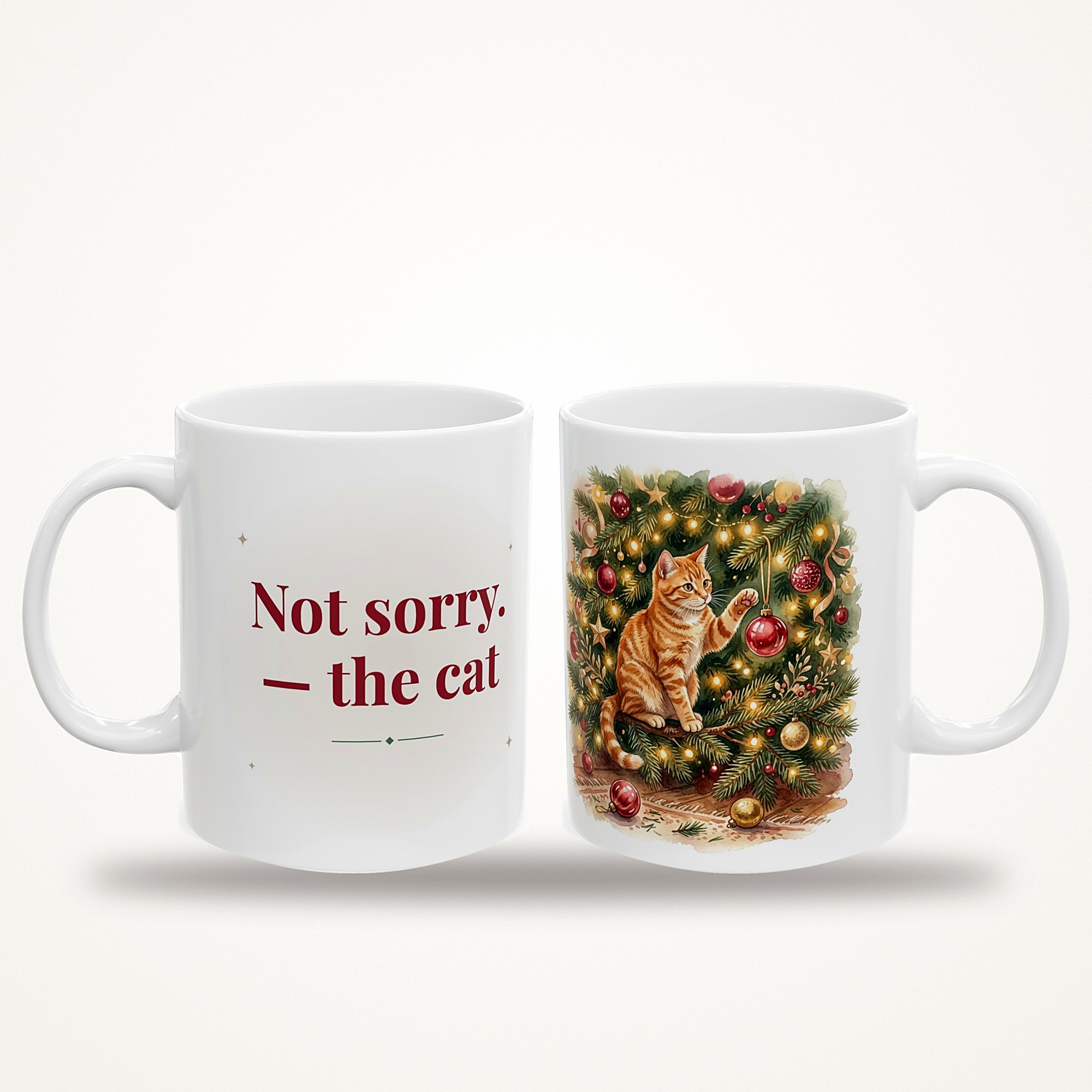 Funny Christmas Cat Mug, Not Sorry The Cat, Cat Knocking Ornaments Off Tree Coffee Mug