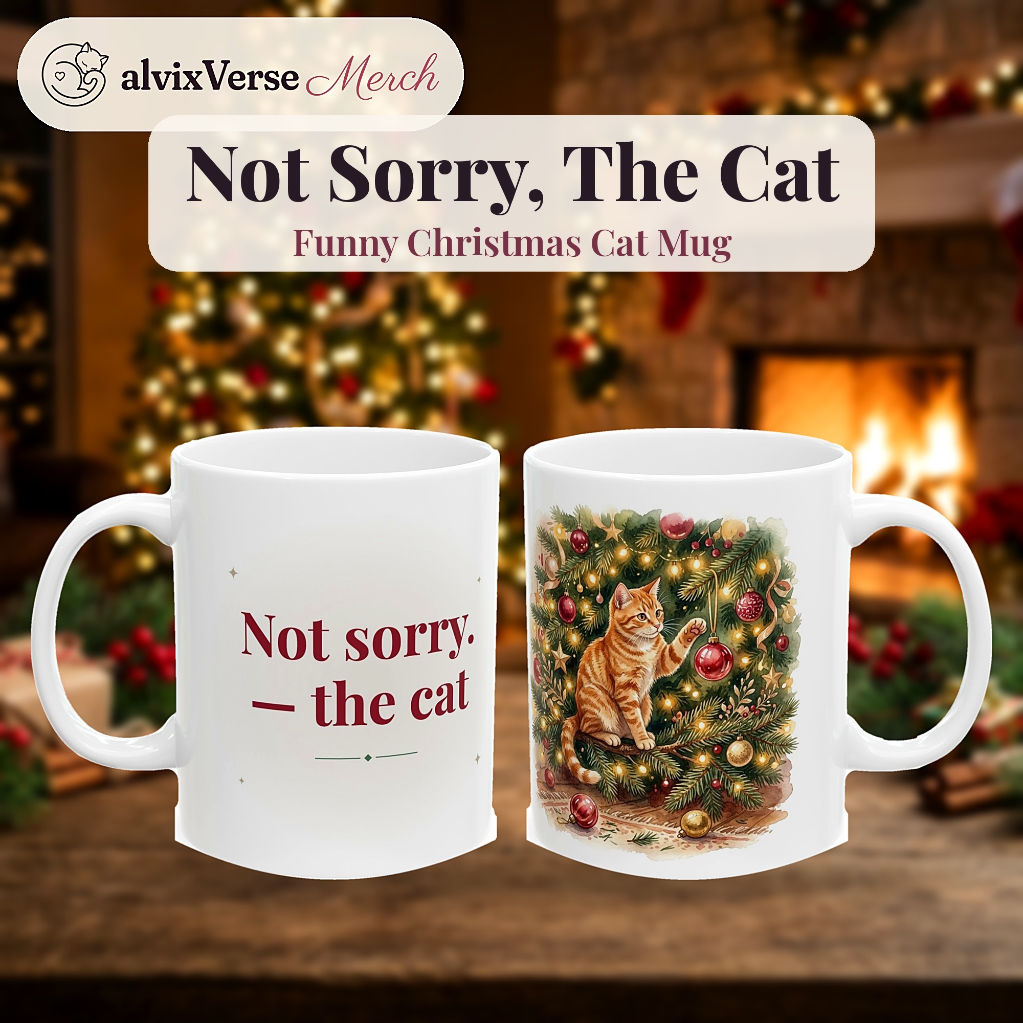 Funny Christmas Cat Mug, Not Sorry The Cat, Cat Knocking Ornaments Off Tree Coffee Mug - Image 2