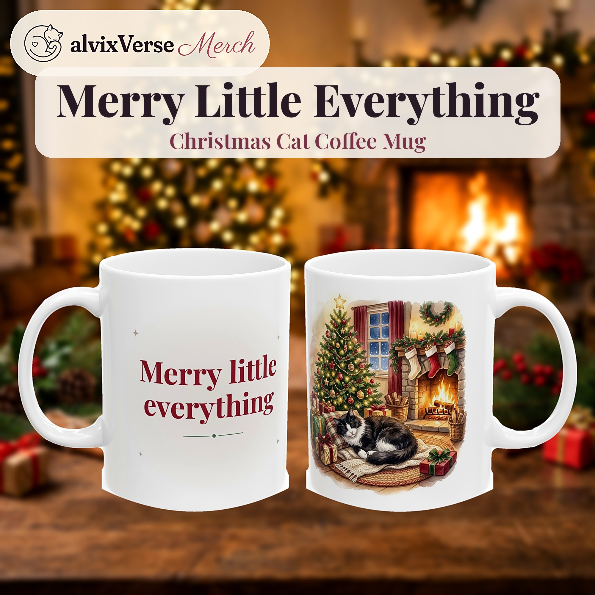 Christmas Cat Mug, Merry Little Everything, Cozy Tuxedo Cat Christmas Tree Coffee Mug - Image 2
