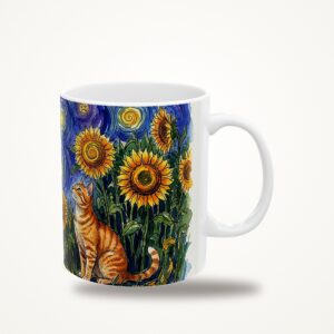 Orange Tabby Cat Mug, Sunflower Field Starry Sky Watercolor Cat Coffee Cup