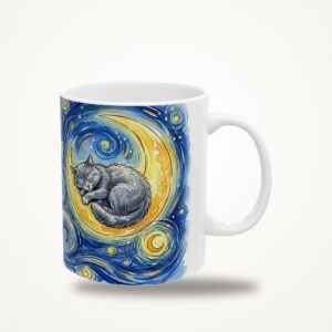 Grey Cat Mug, Crescent Moon Starry Sky Watercolor Cat Coffee Cup
