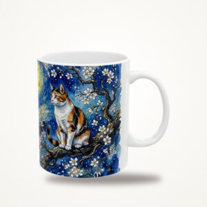 Calico Cat Mug, Almond Blossom Starry Sky Watercolor Cat Coffee Cup