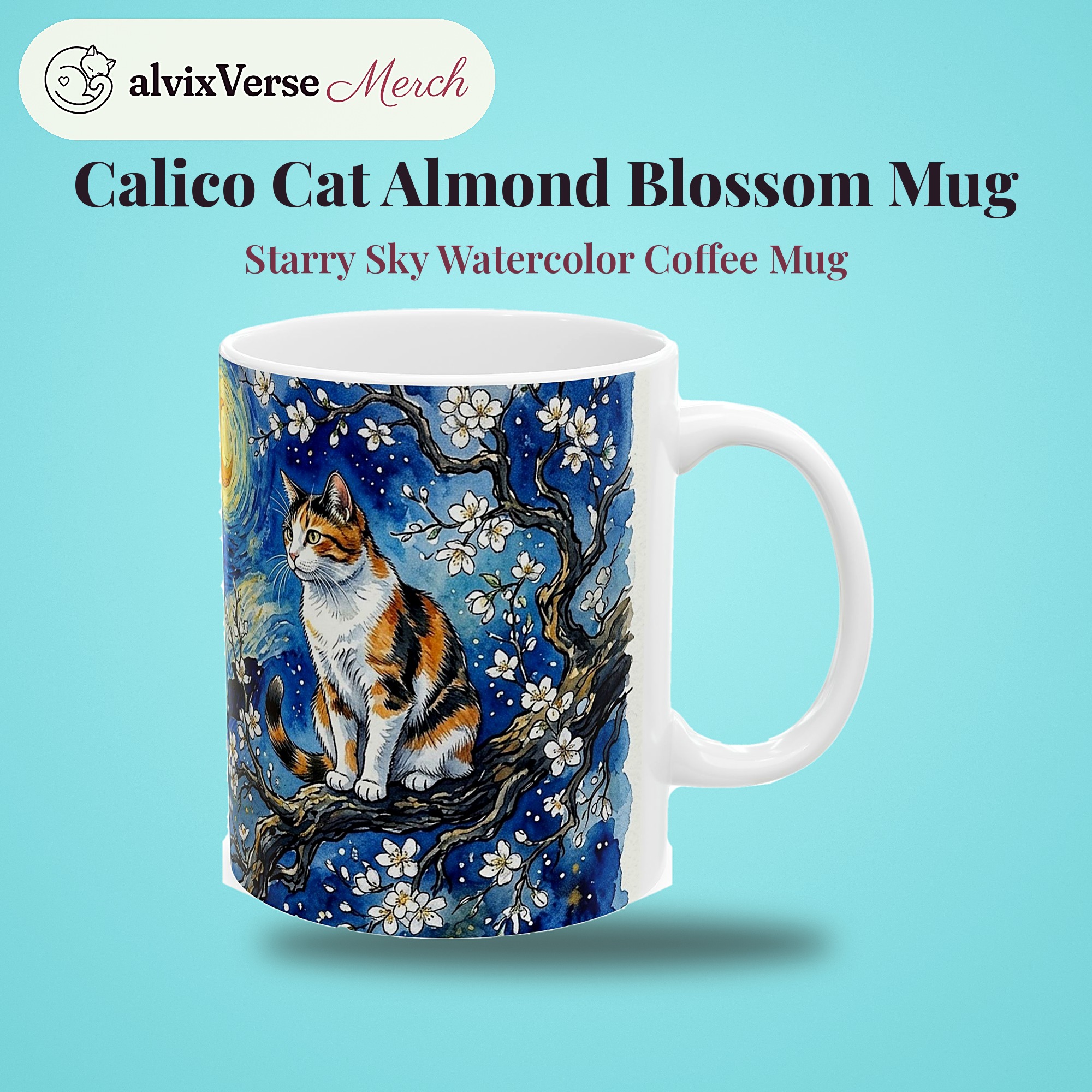 Calico Cat Mug, Almond Blossom Starry Sky Watercolor Cat Coffee Cup - Image 2