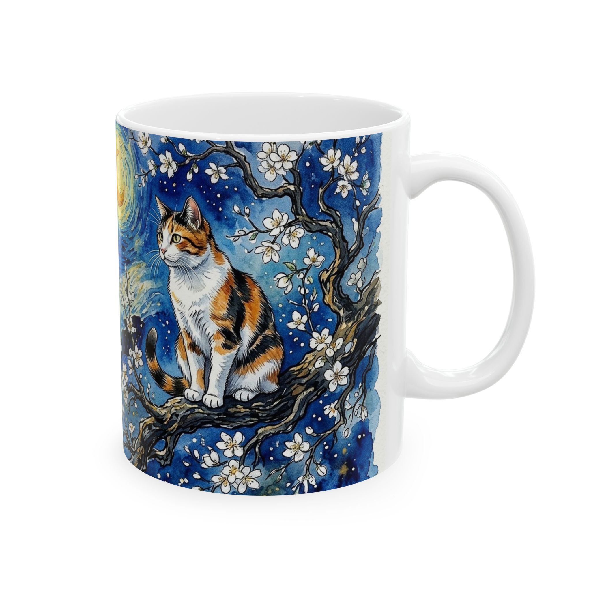 Calico Cat Mug, Almond Blossom Starry Sky Watercolor Cat Coffee Cup - Image 4